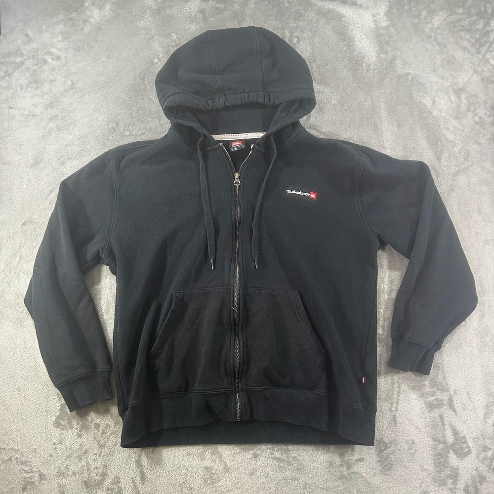 Quiksilver Hoodie Mens Large Black Fleece Full Zip Logo Sweatshirt Casual